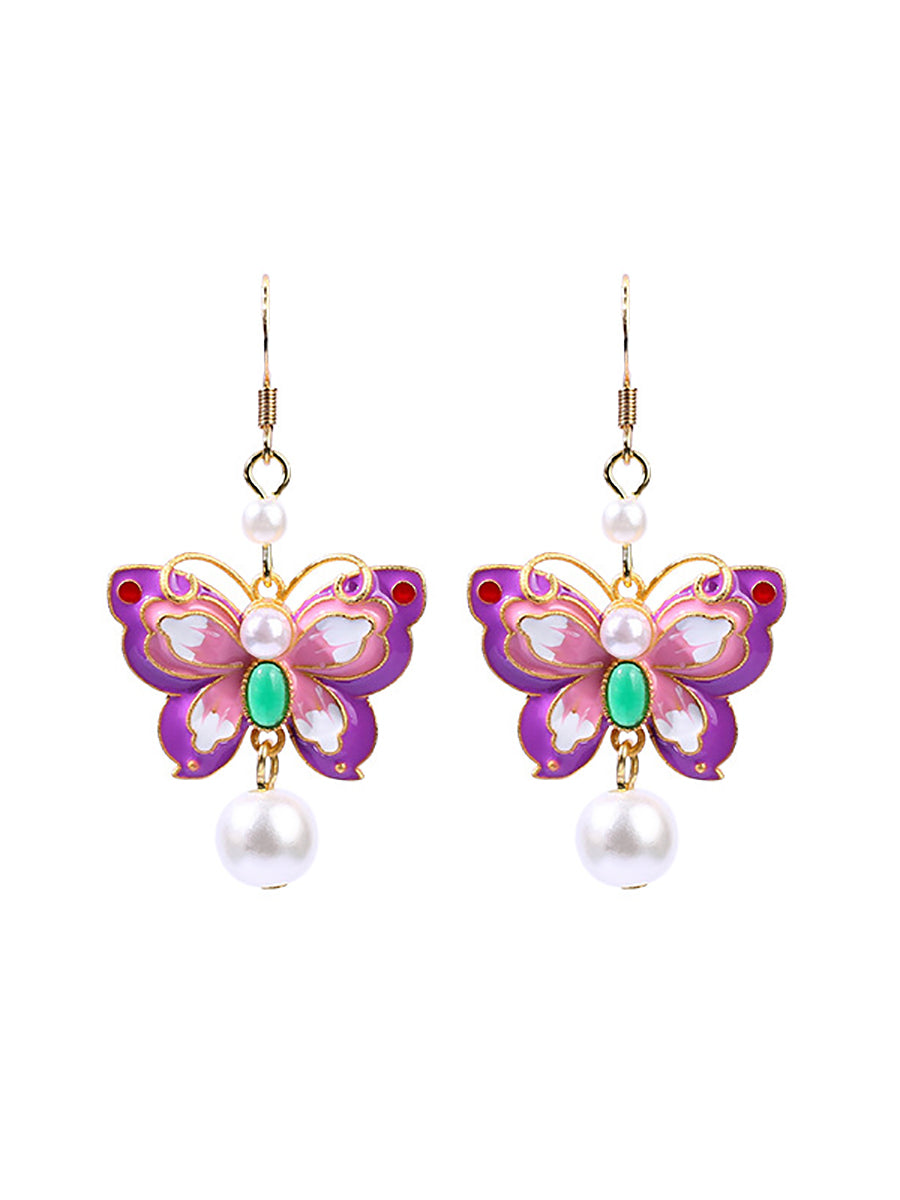 Women Vintage Enamel Butterfly Pearl Sliver Earrings