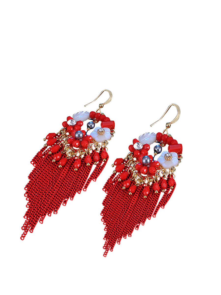 Bohemia Women Tassel Bead Flower Alloy Earrings