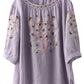 Women Summer Vintage Embroidery O-Neck Ramie Shirt