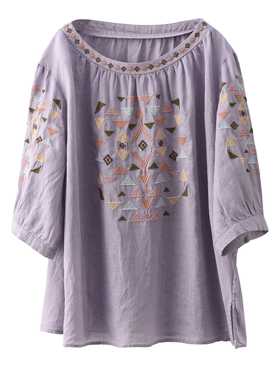 Women Summer Vintage Embroidery O-Neck Ramie Shirt