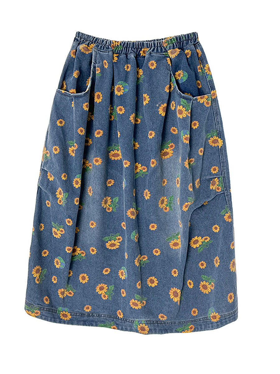 Women Casual Summer Sunflower Print Loose Skirt