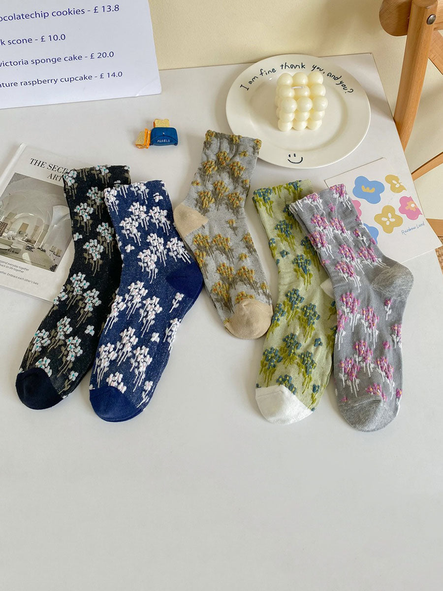 5 Pairs Women Autumn Floral Jacquard Colorblock Socks