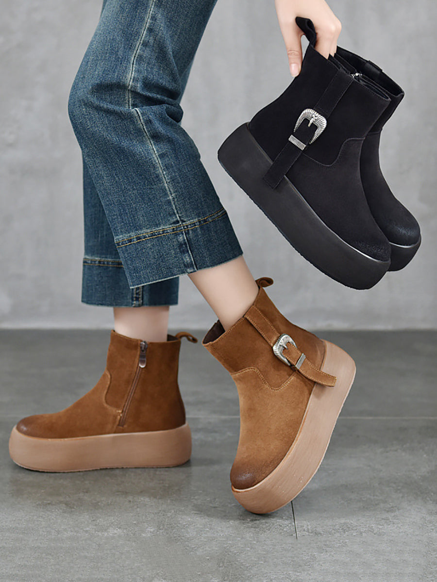 Women Winter Genuine Leather Fleece-lined Platform Boots