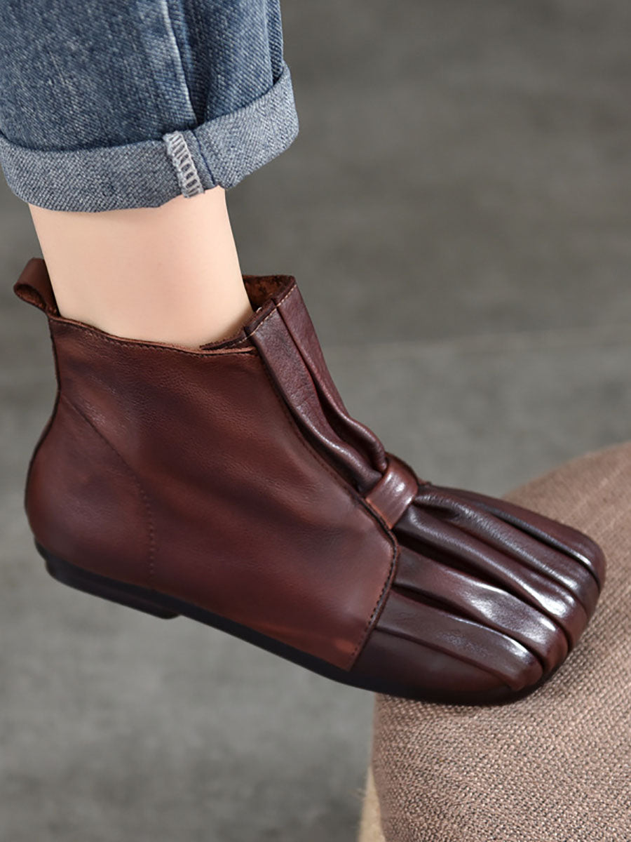 Women Soft Leather Shirred Square Toe Ankle Boots