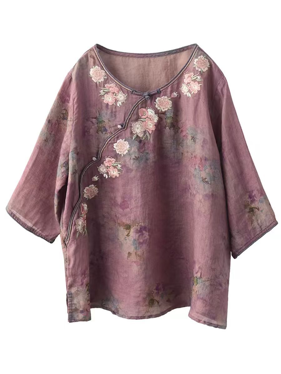 Women Summer Artsy Flower Embroidery O-Neck Shirt