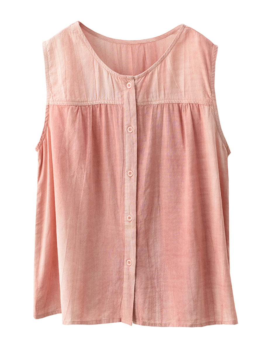 Women Casual Solid Spliced O-Neck Button-up Linen Vest