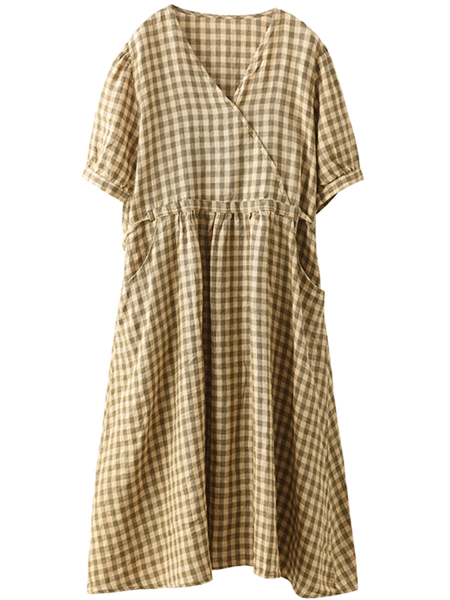 Women Artsy Summer Plaid V-Neck Linen Dress