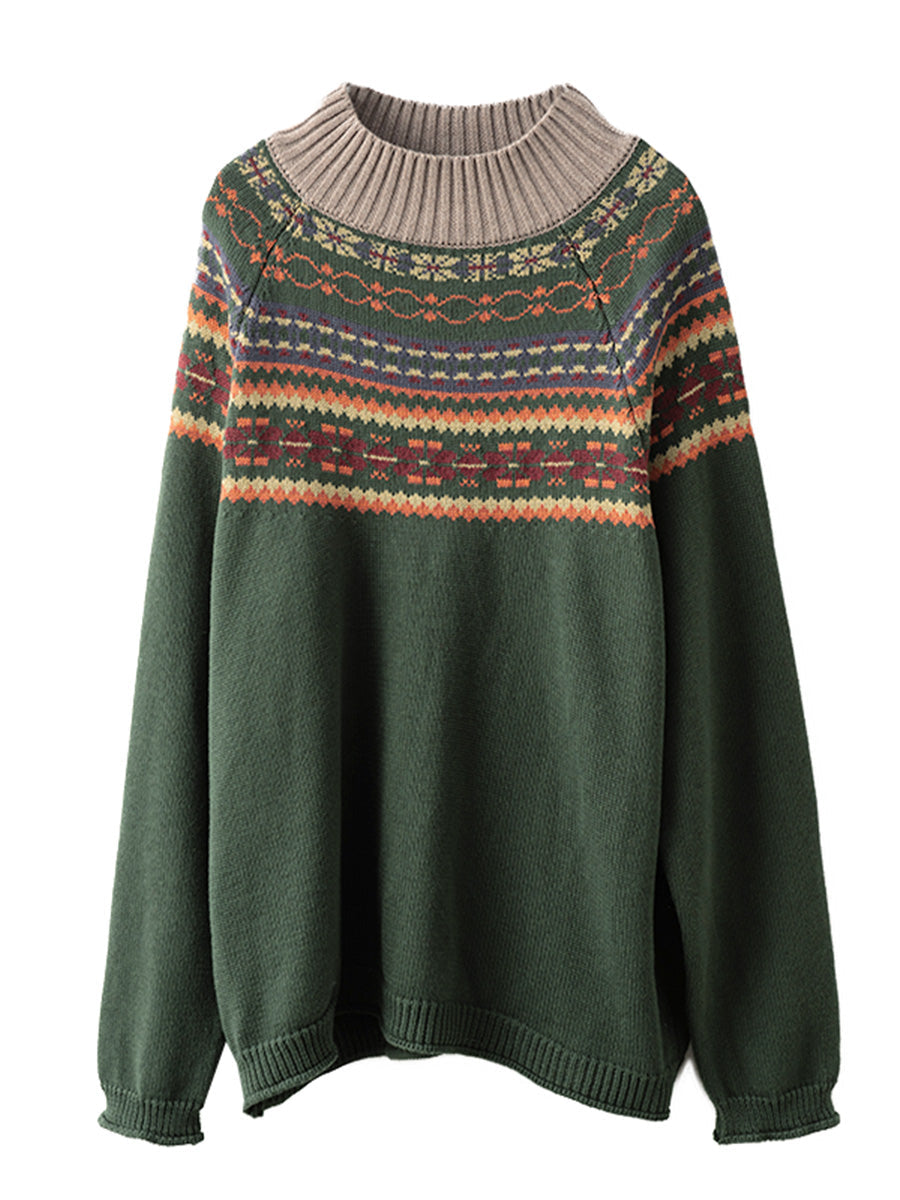 Women Vintage Autumn Jacquard Half Turtleneck Sweater