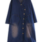 Women Autumn Worn V-Neck Washed Denim Long Coat