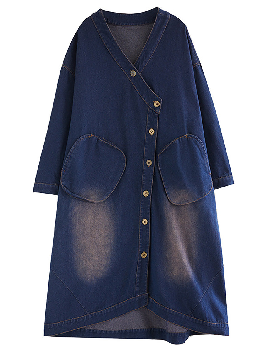 Women Autumn Worn V-Neck Washed Denim Long Coat