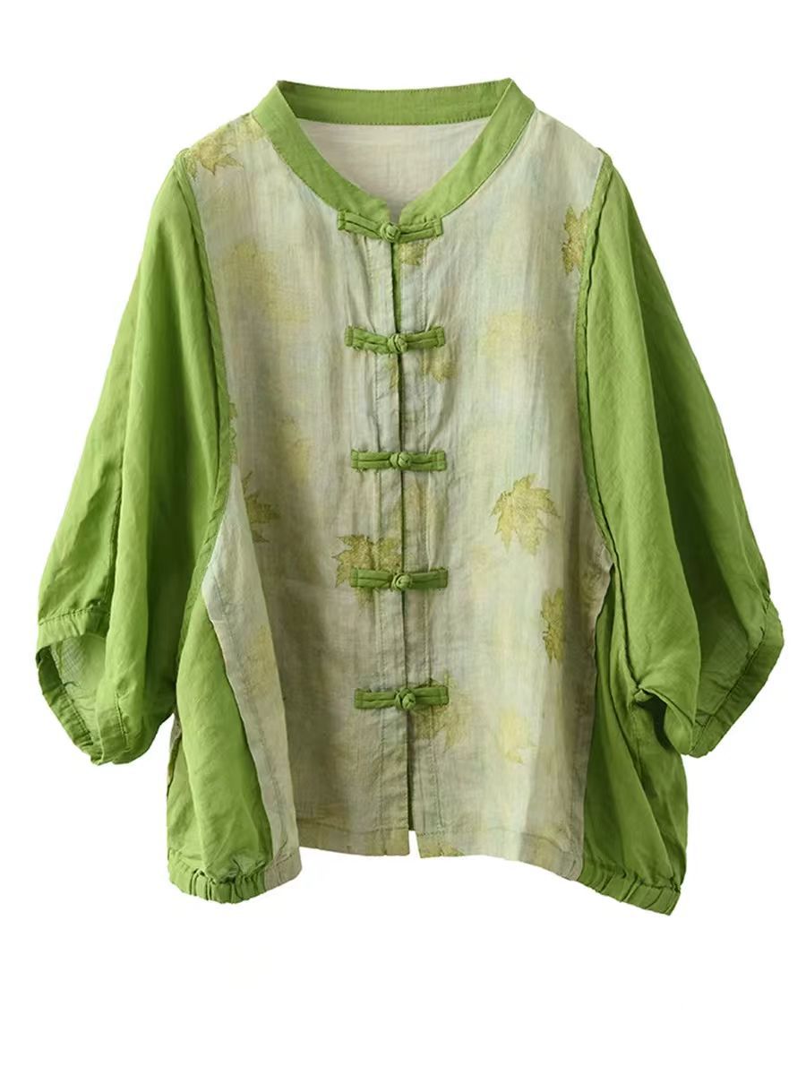 Women Summer Vintage Flower Spliced Button-up Ramie Shirt