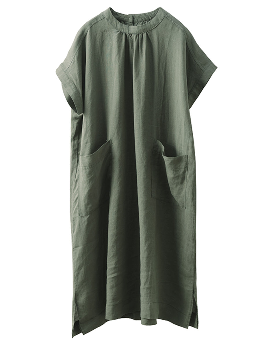 Women Summer Casual Solid Pocket O-Neck Linen Dress