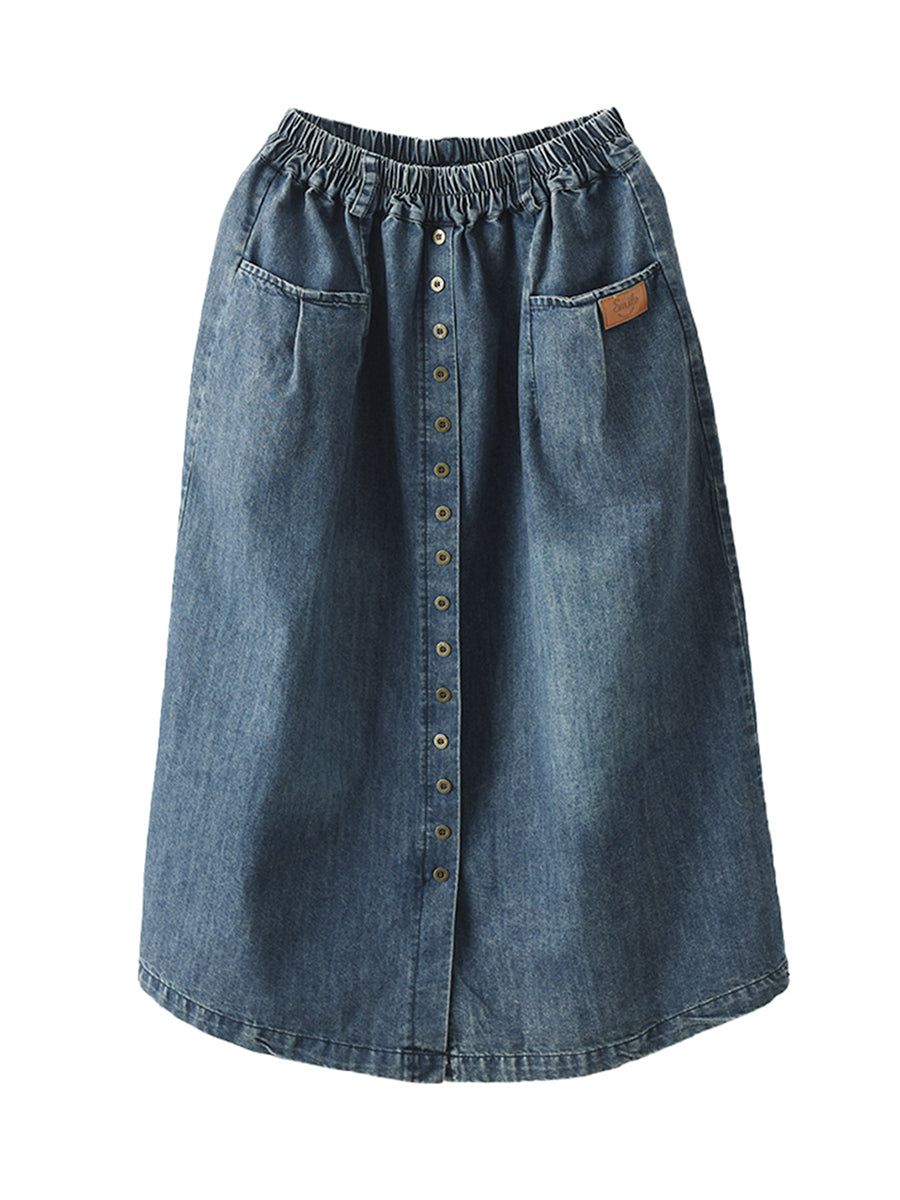 Women Casual Pocket Button Loose Sold Denim Skirt