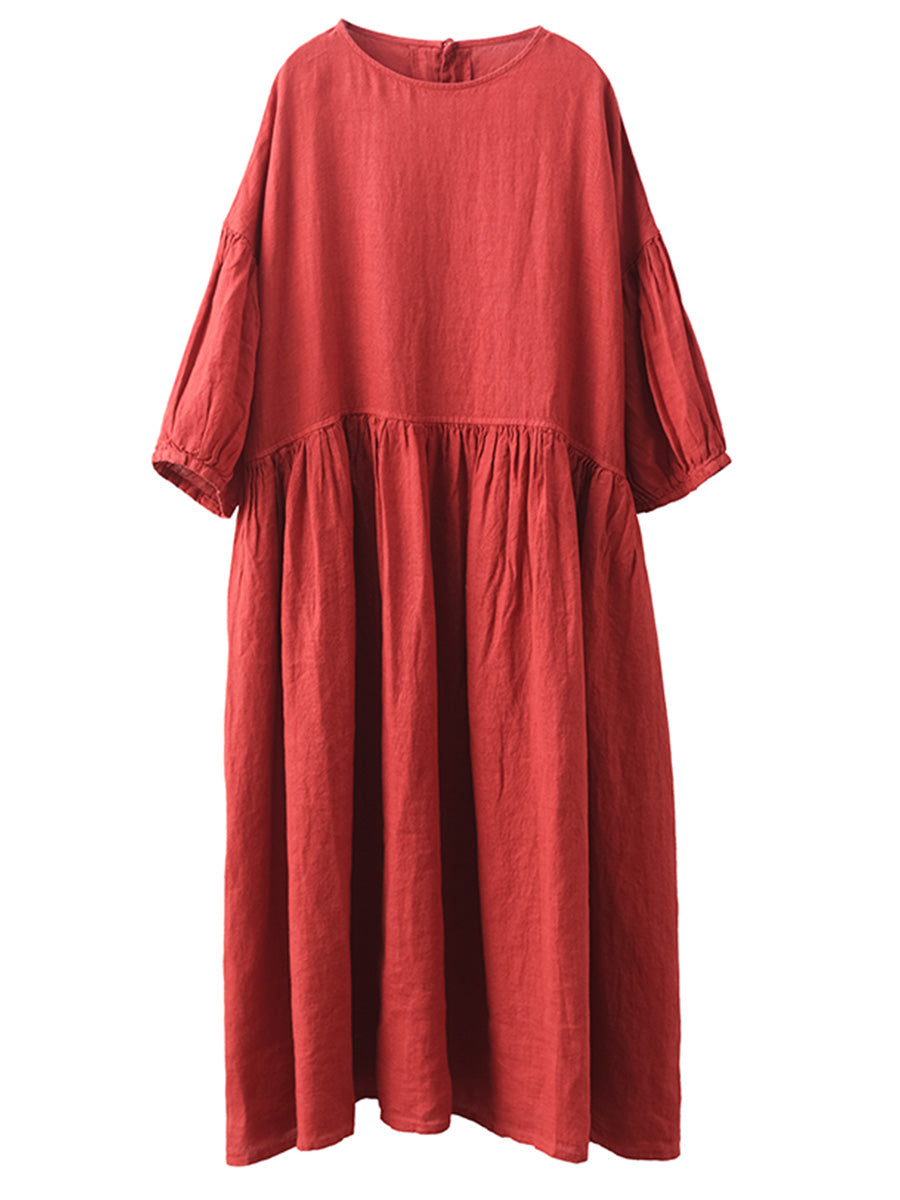 Women Summer Casual Solid Linen Loose Dress