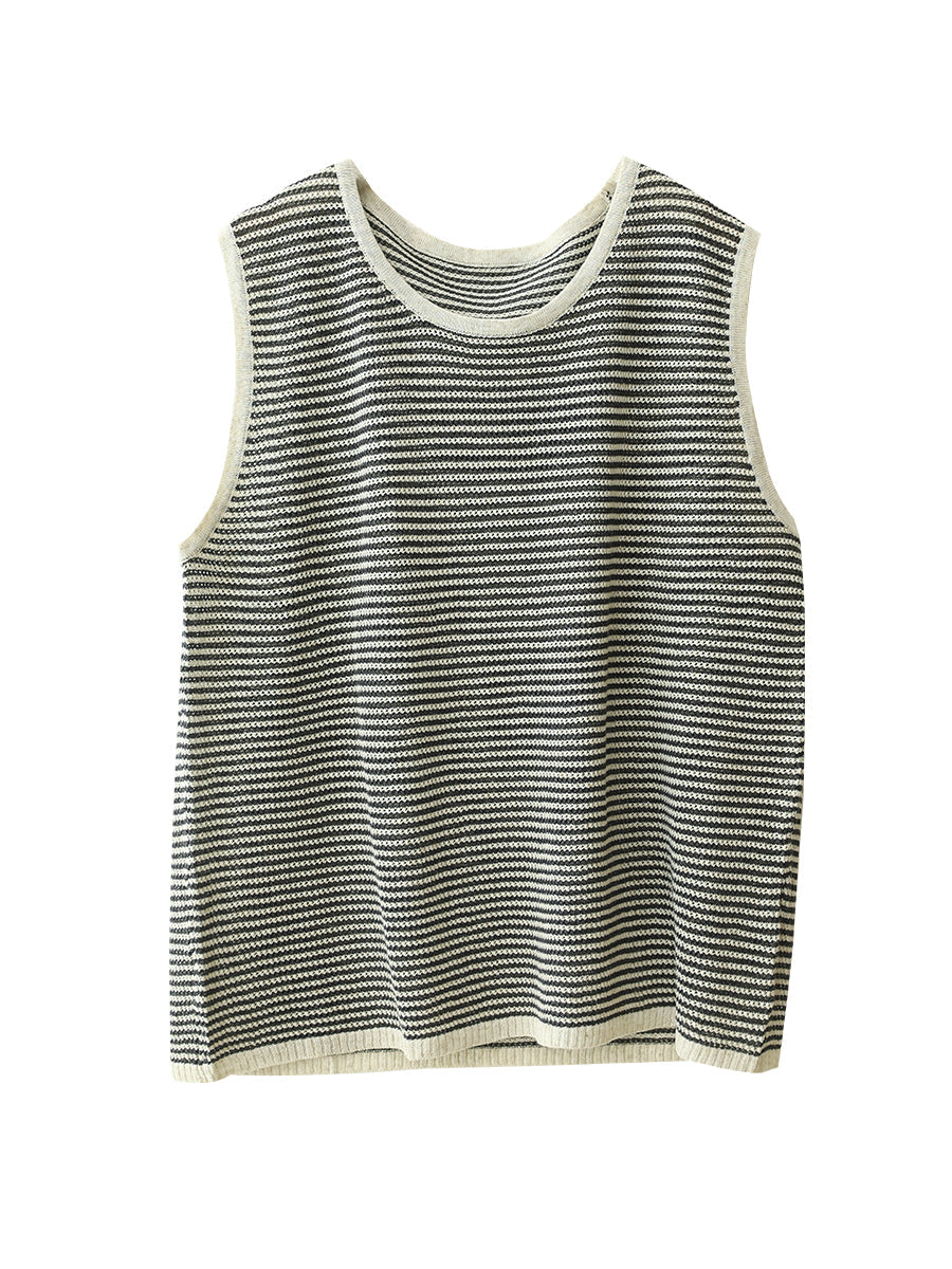 Women Summer Casual Stripe Linen O-Neck Vest