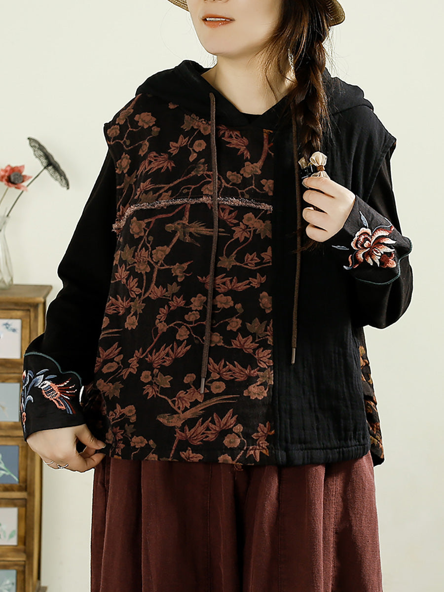 Women Autumn Vintage Flower Spliced Hooded Cotton Vest