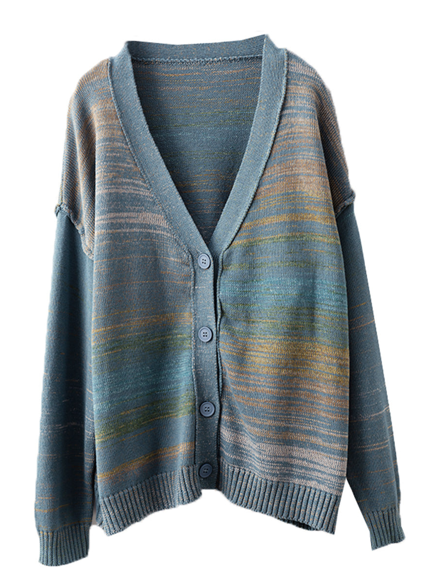 Women Autumn Artsy Colorful Knit V-Neck Cardigan Sweater