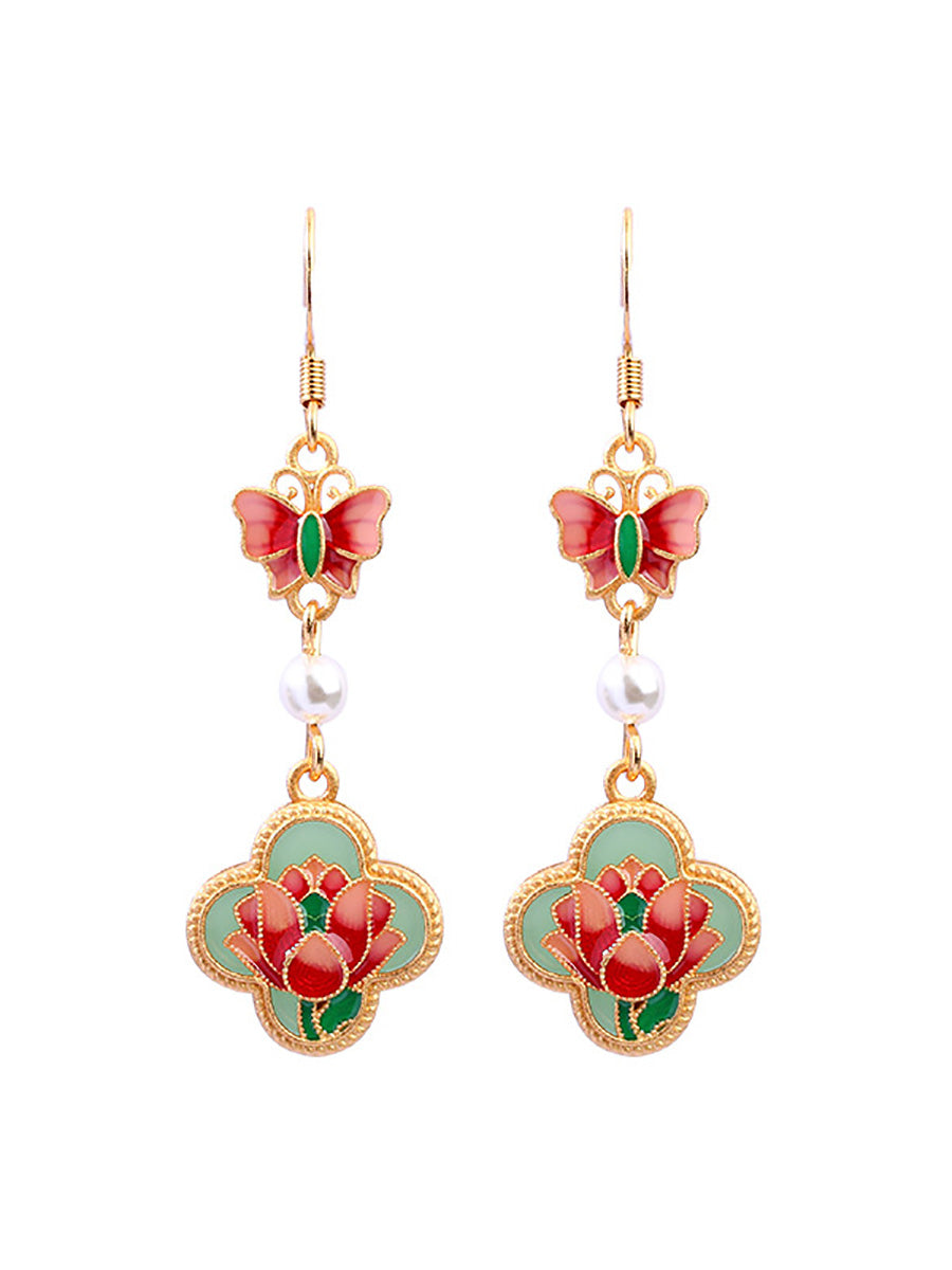 Women Vintage Enamel Flower Butterfly Pearl Earrings