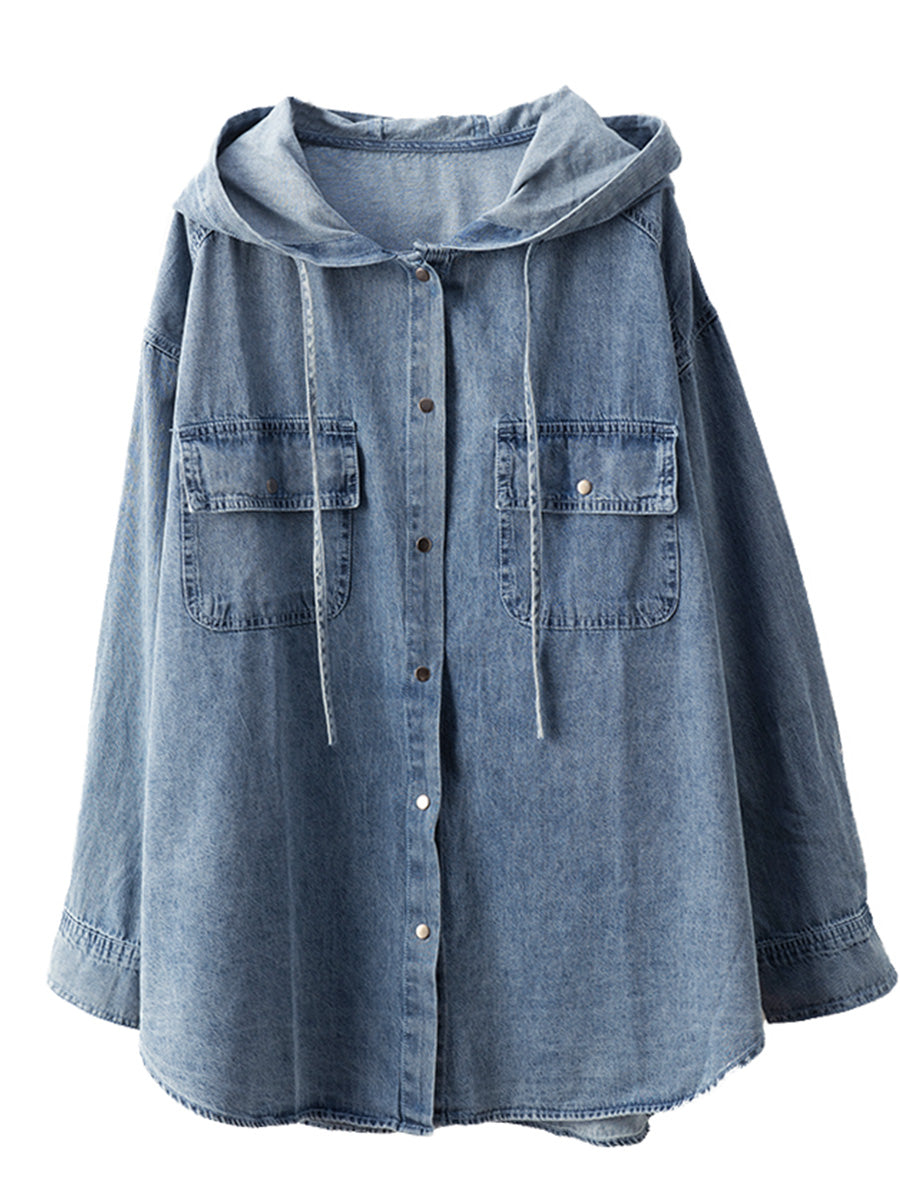 Women Casual Solid Autumn Pocket Denim Hooded Coat