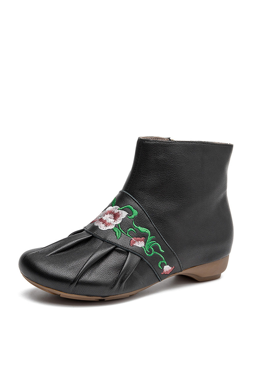 Women Ethnic Leather Embroidery Low Heel Boots