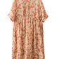 Women Summer Artsy Floral O-Neck Shirred Ramie Dress