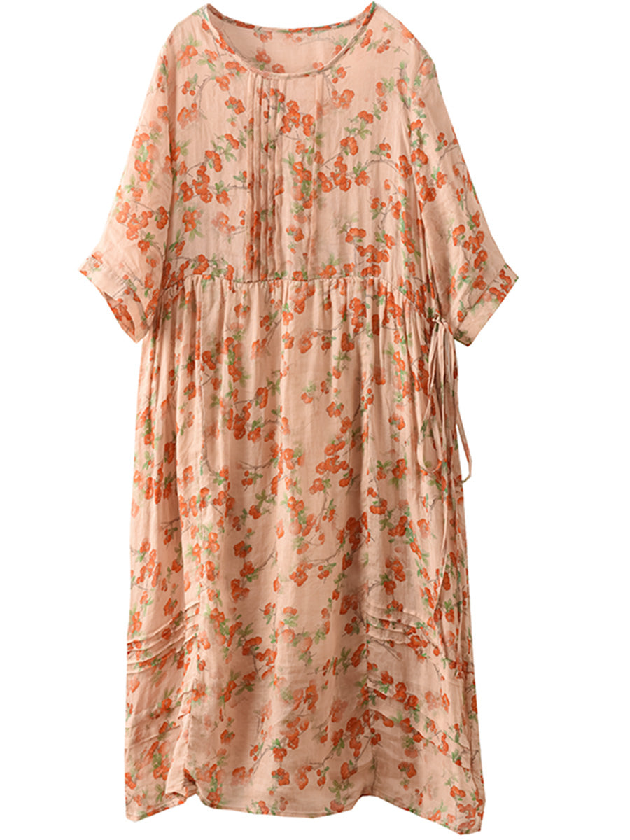 Women Summer Artsy Floral O-Neck Shirred Ramie Dress