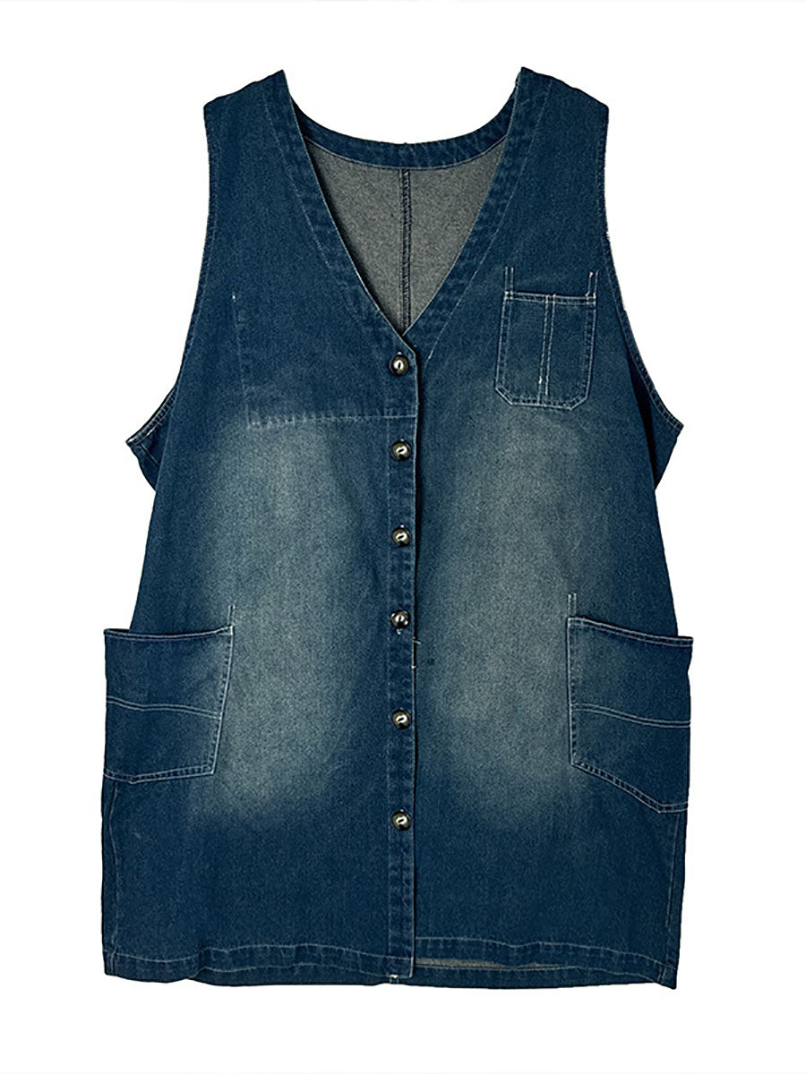 Women Casual Summer Spliced V-Neck Button-up Denim Vest Coat