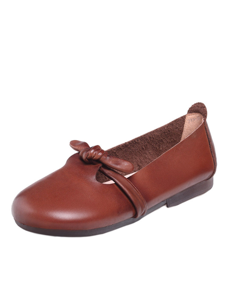 Women Summer Ethnic Solid Bowknot Leather Flat Shoes