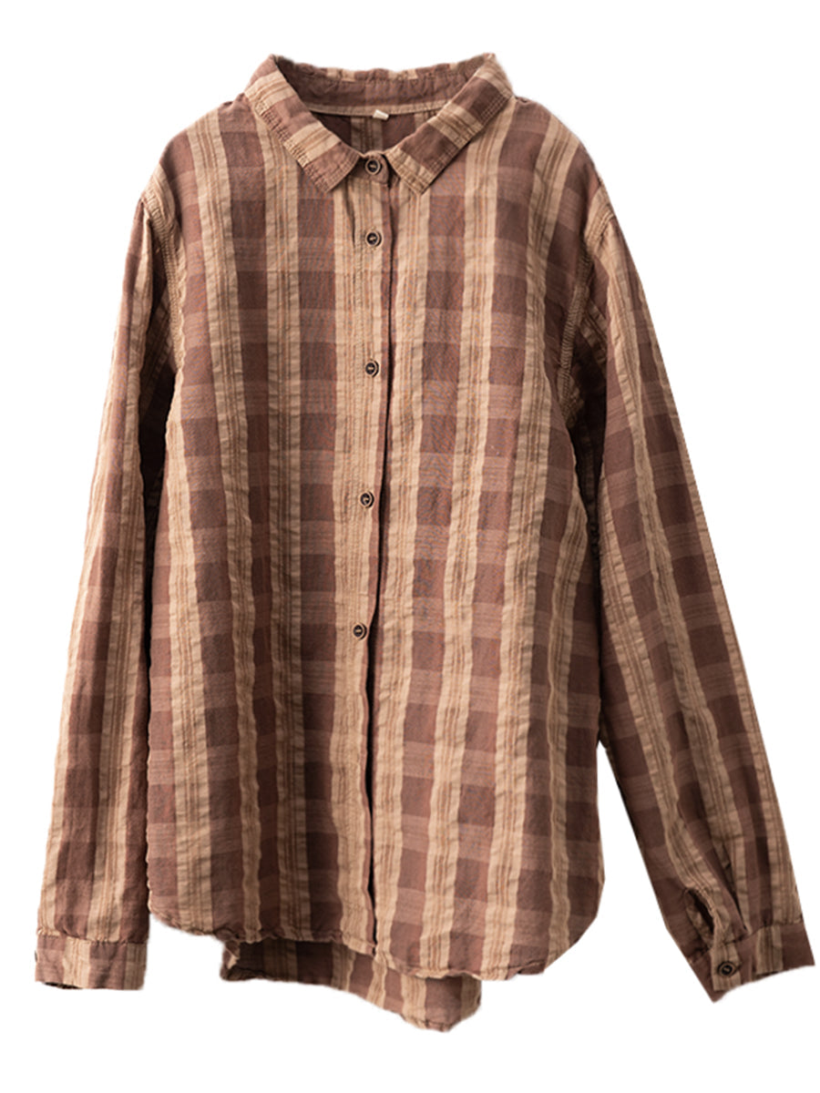 Women Autumn Vintage Plaid Button-up Linen Blouse