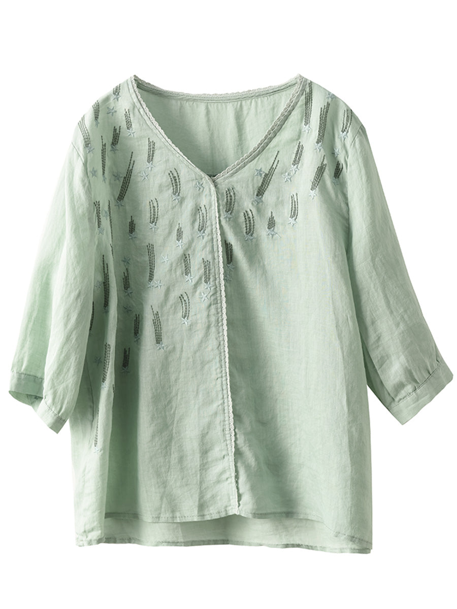 Women Summer Artsy Embroidery V-Neck Ramie Shirt