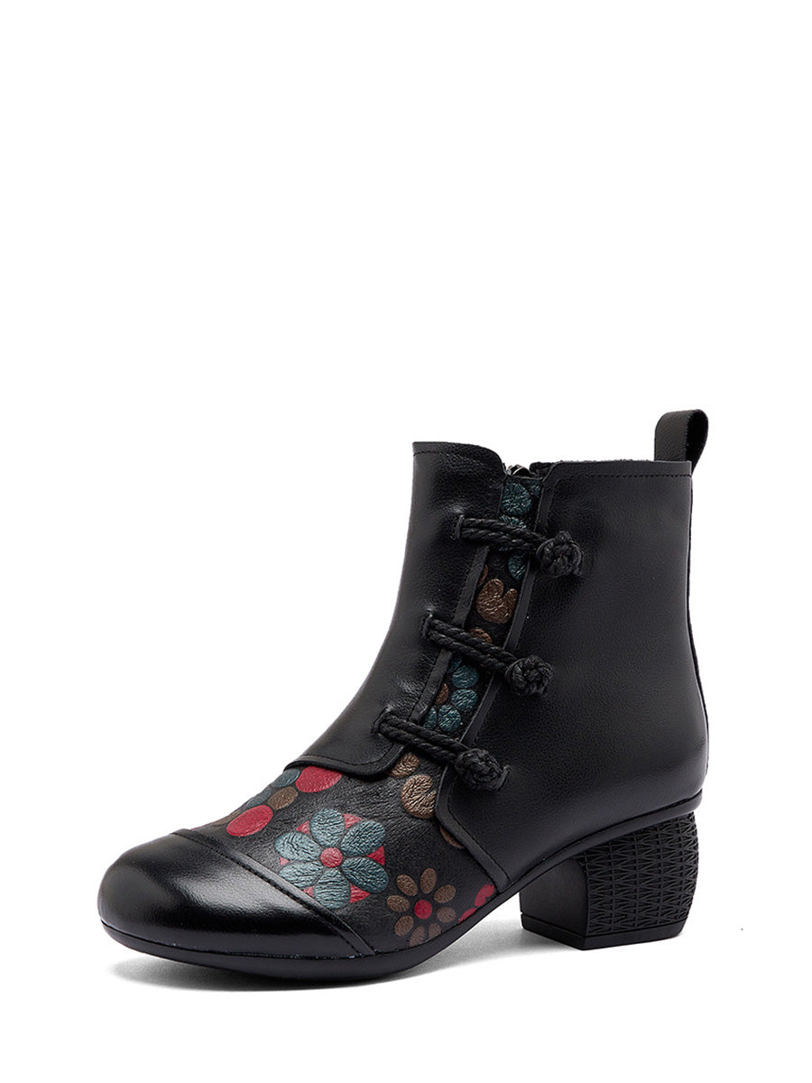 Women Ethnic Flower Leather Spliced Low Heel Boots