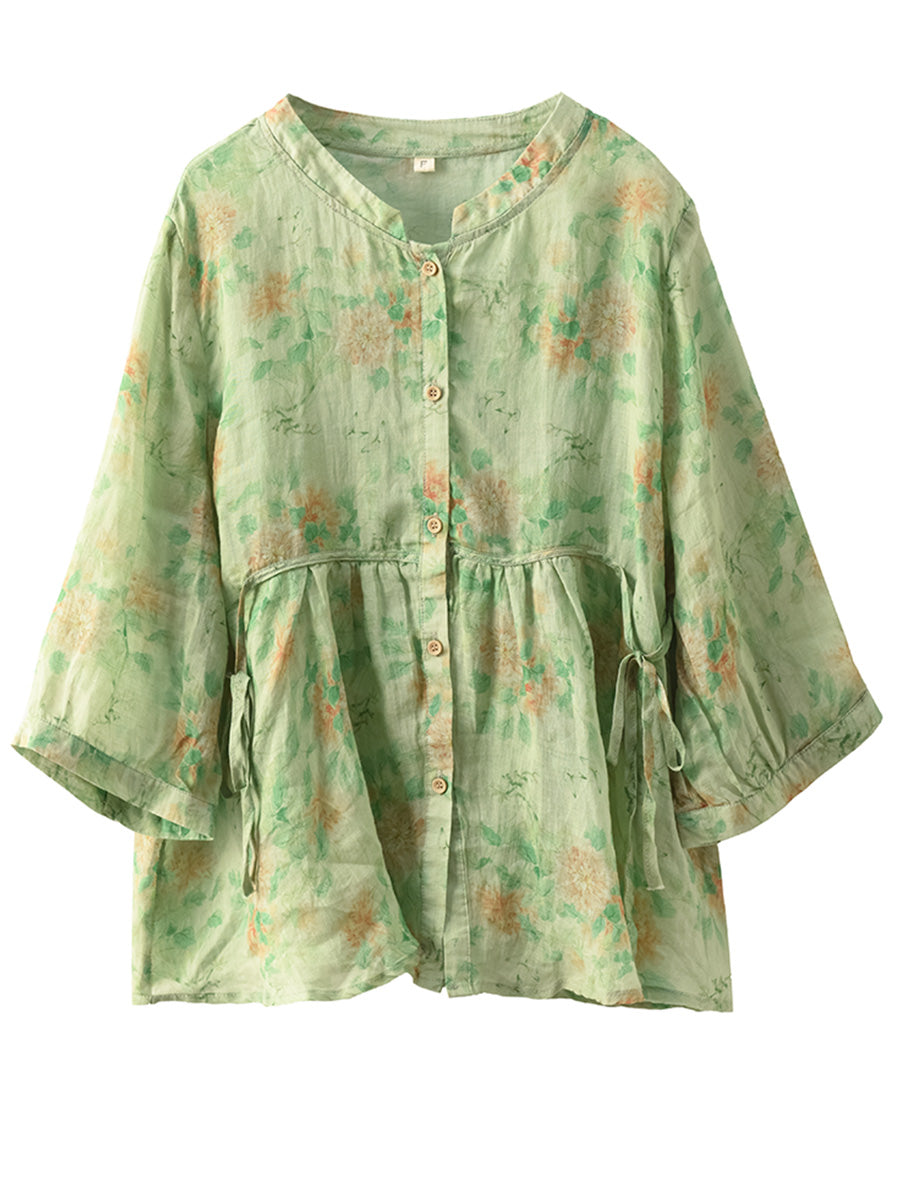 Women Summer Artsy Floral Strap Button Ramie Shirt