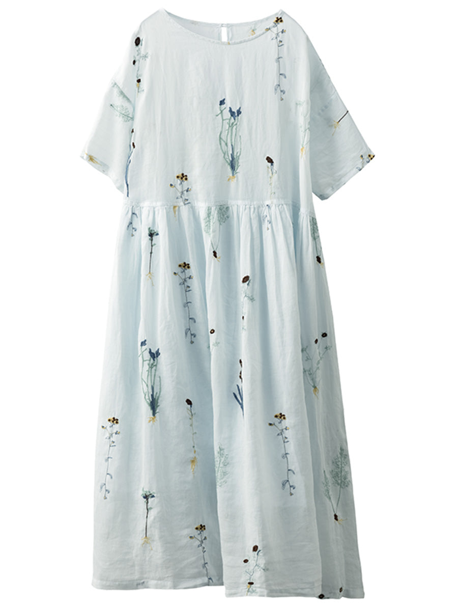 Women Artsy Flower Embroidery O-Neck Thin Ramie Dress