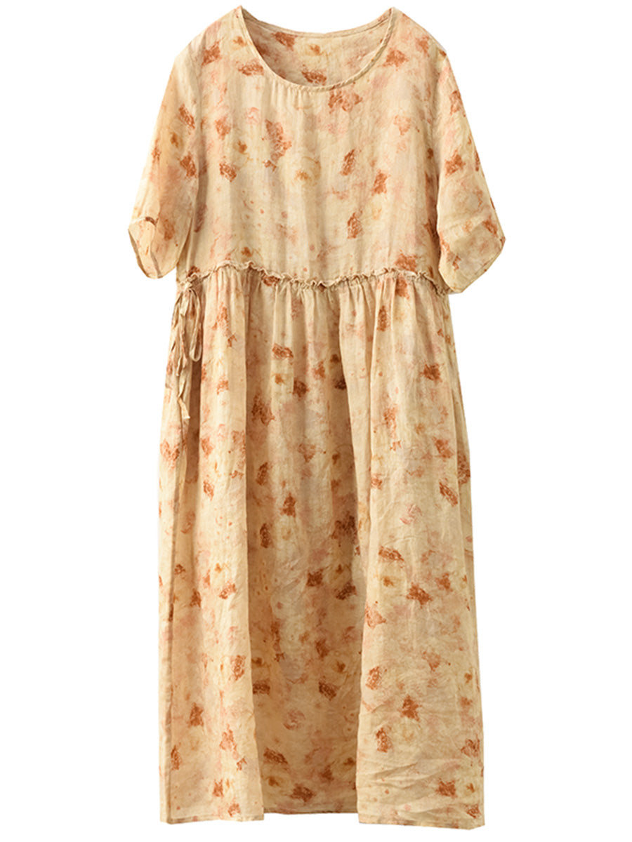 Women Summer Artsy Flower O-Neck Ramie Dress