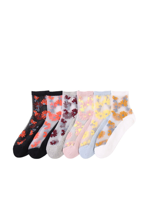 6 Pairs Women Summer Casual Flower Thin Socks