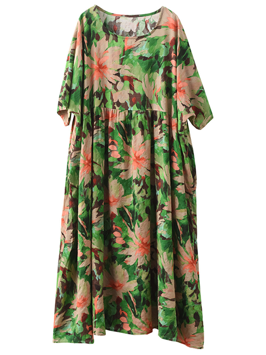 Women Summer Vintage Flower Linen Loose Dress