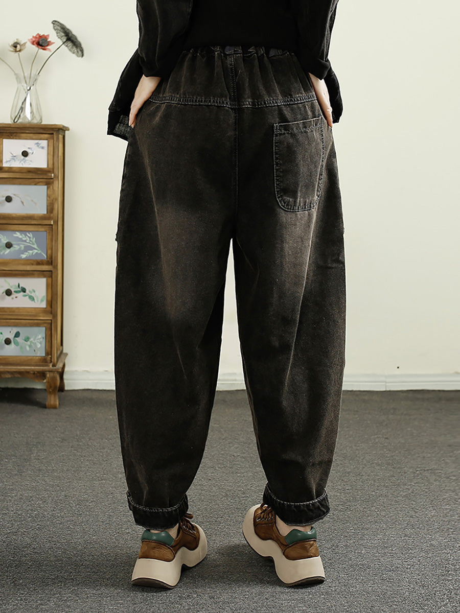 Women Autumn Patch Spliced Washed Denim Harem Pants