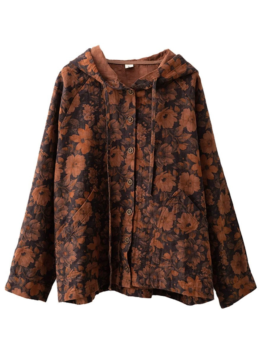 Women Vintage Autumn Flower Button Cotton Linen Hooded Coat