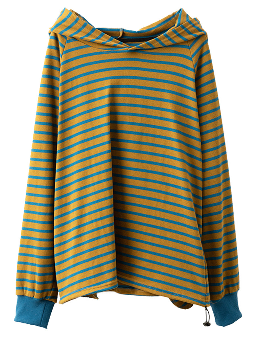 Women Casual Autumn Stripe Colorblock Hooded Sweatshirt