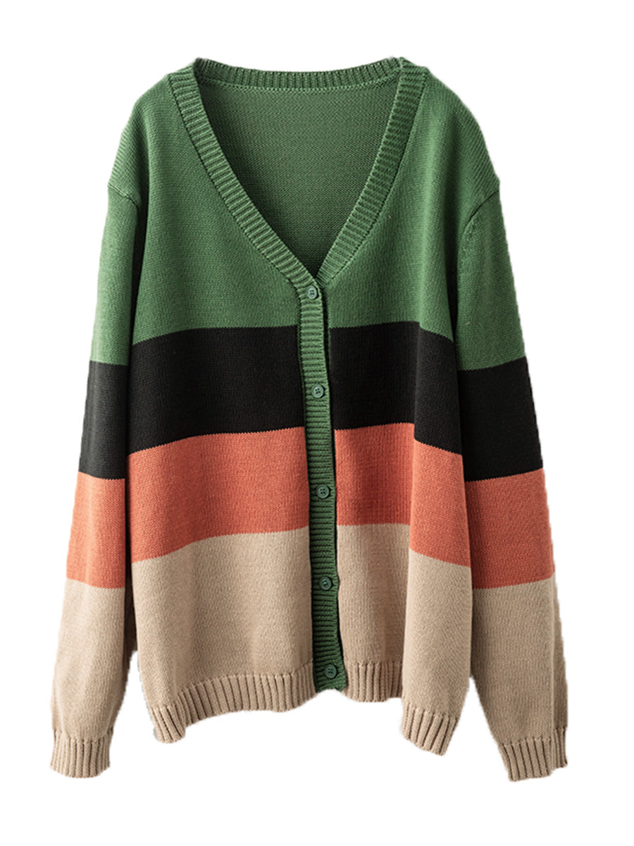 Women Autumn Colorblock V-Neck Knit Sweater