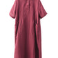 Women Summer Casual Solid Loose Polo Collar Linen Dress