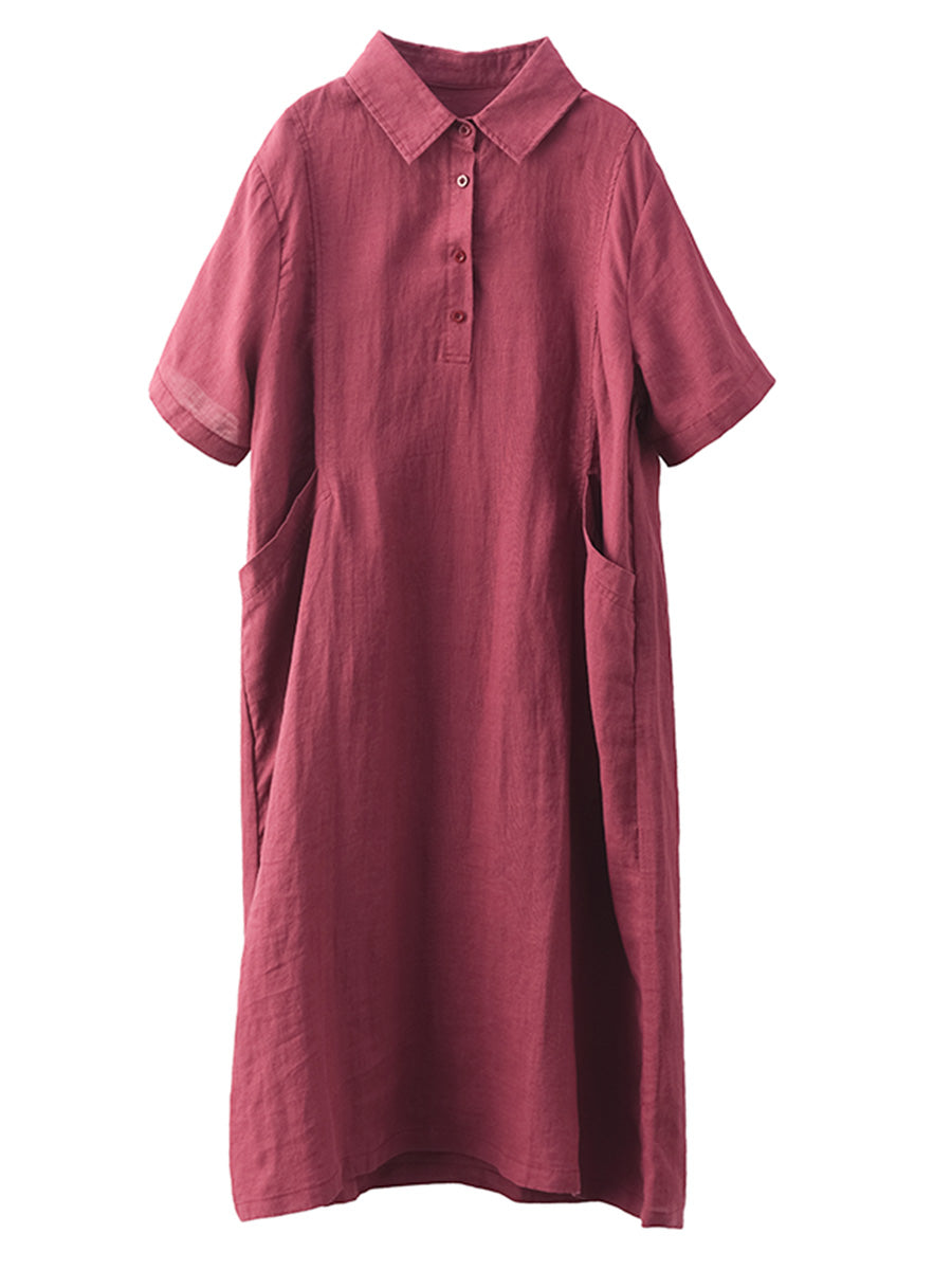 Women Summer Casual Solid Loose Polo Collar Linen Dress