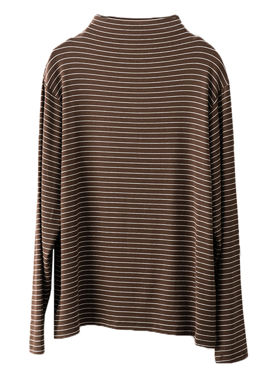 Women Autumn Casual Stripe Half Turtleneck Blouse