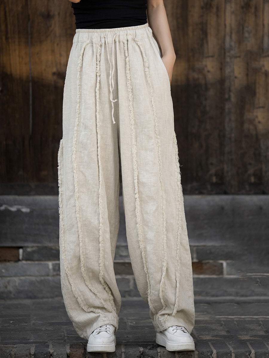 Women Ethnic Solid Raw-edge Wide-leg Ramie Pants