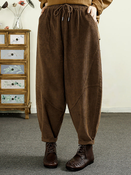 Women Autumn Solid Corduroy Spliced Cotton Harem Pants