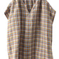 Women Summer Vintage Plaid V-Neck Loose Linen Shirt