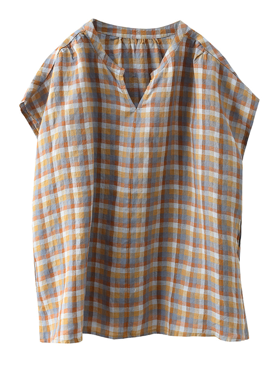 Women Summer Vintage Plaid V-Neck Loose Linen Shirt