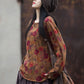 Women Vintage Autumn O-Neck Flower Cotton Blouse