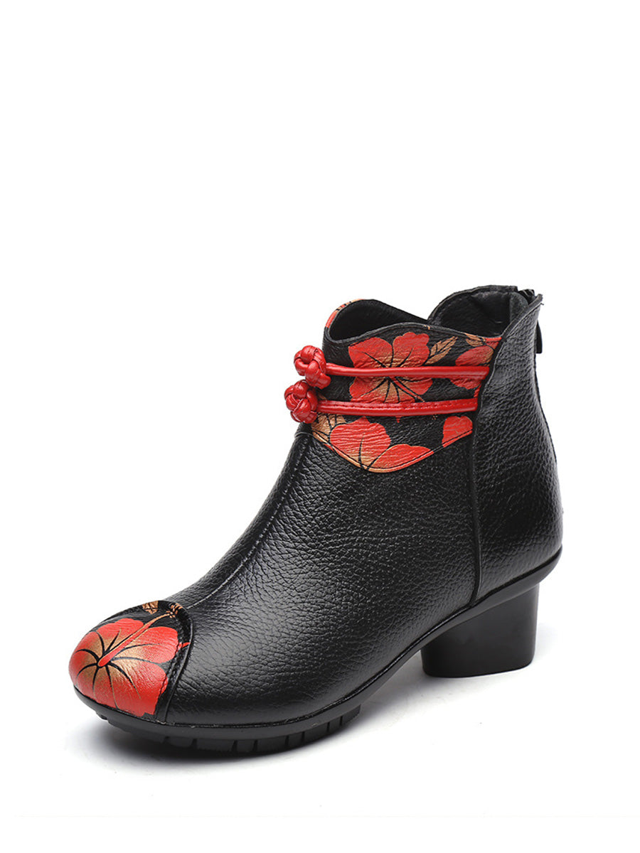 Women Retro Genuine Leather Flower Spliced Chunky Heel Boots