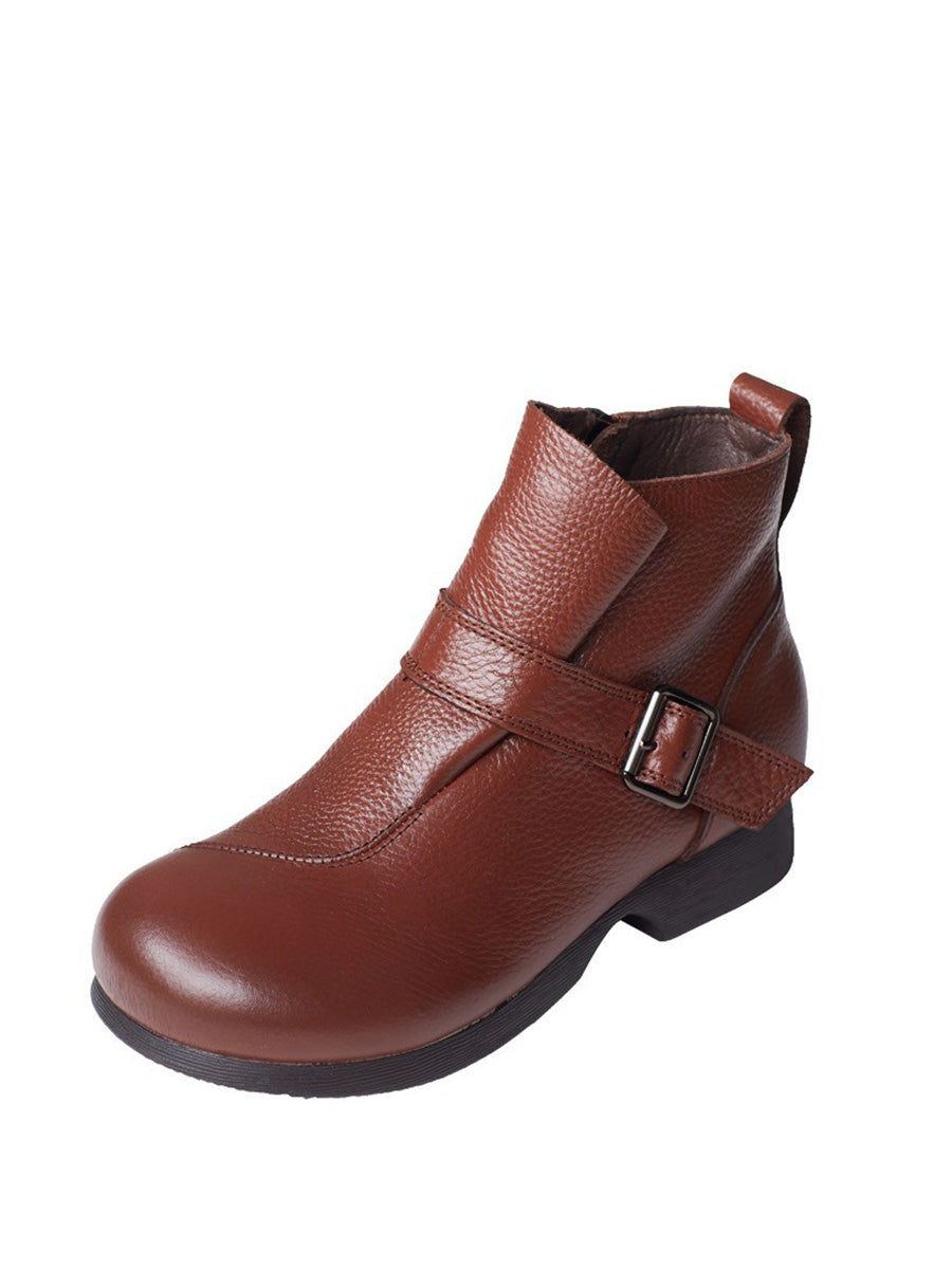 Women Vintage Autumn Soft Leather Buckle Low Heel Boots